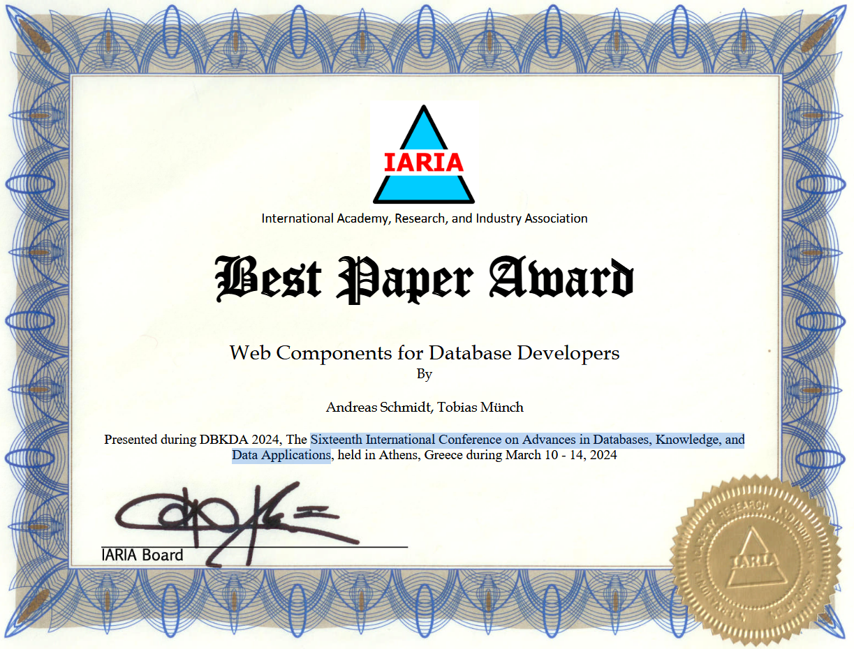 Best Paper Award at the DBKDA 2024 conference